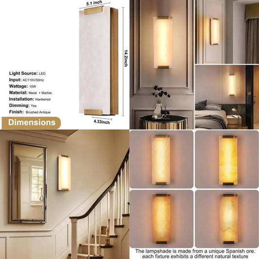 14.2 Large Natural Marble Wall Sconces Set, LED Modern Lighting for Home, Brushed Bronze 12W