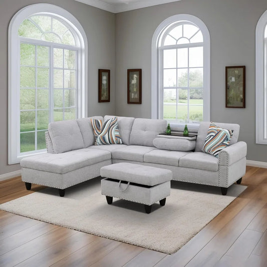 Linen 3-Piece Sofa Living Room Sofa Set with Storage Ottoman & Decorative Copper Nails,Reversible Coffee Table，Cup-Holder,Grey