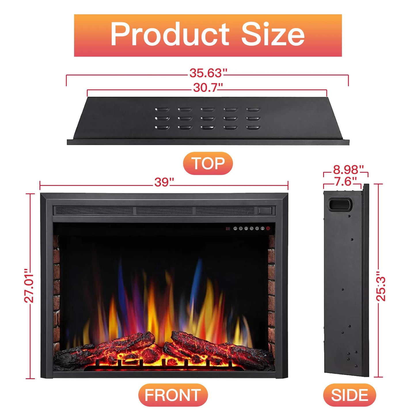 39" Electric fireplace inserts, freestanding and built-in heaters, remote control, individual flame control,750W&1500W