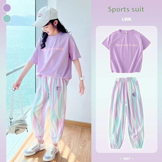 2025 Girls' Sportswear Set Summer Casual Short Sleeve Outfit | Trendy Two-Piece Clothing for Teen Girls 12-15 Years Fashionable