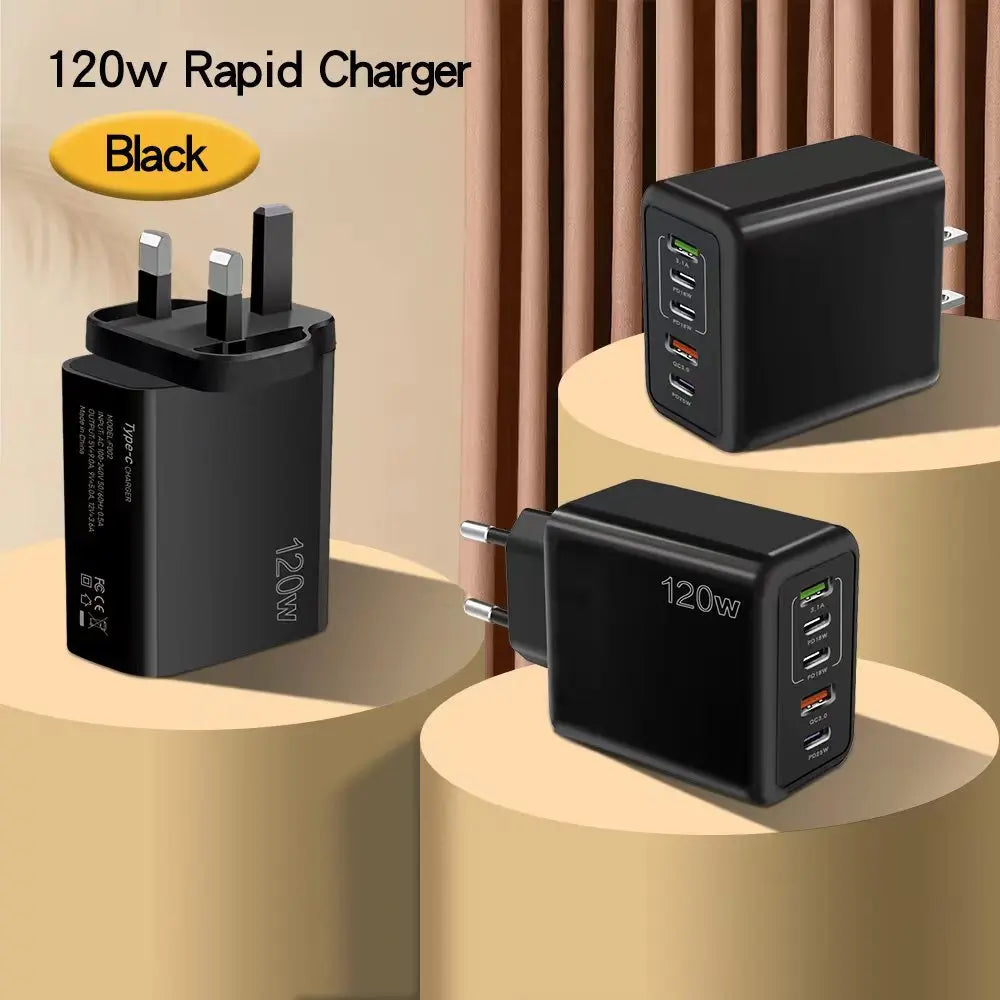 120W 5 in 1 2 USB 3 Type C Quick Charging Fast Wall Charger For iPhone Samsung Xiaomi Huawei Oppo Mobile Phone Adapter
