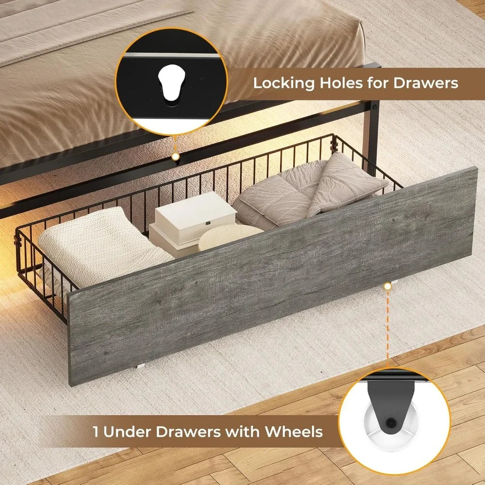 Twin Bed Frames with Headboard and 2 Storage Drawers, Twin Bed Frame with Charging Station and Led Lights