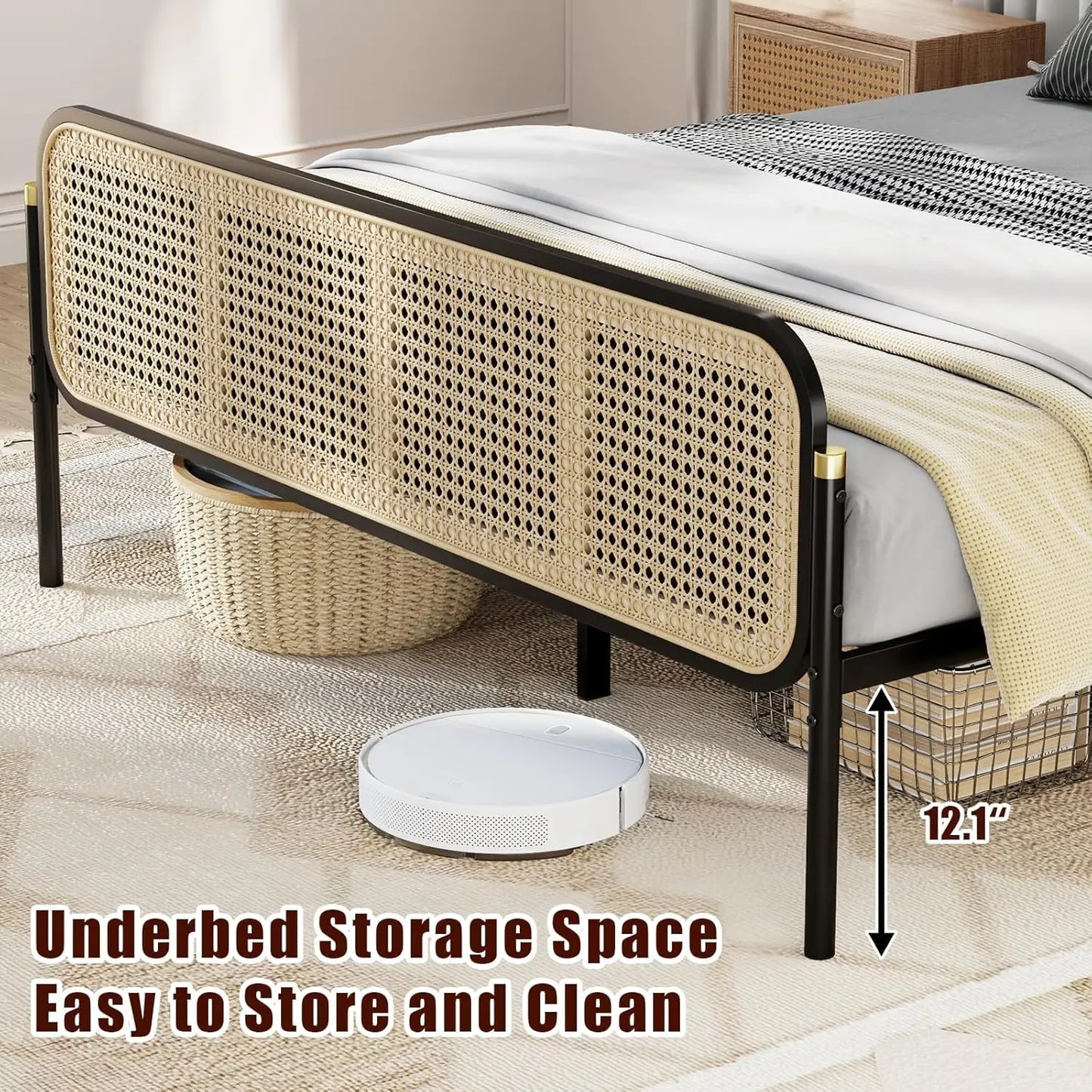Rattan Bed Frame Queen Size with Headboard, Boho Bed Frame, Queen Bed Frame with Strong Metal Slats Support, Easy Assembly