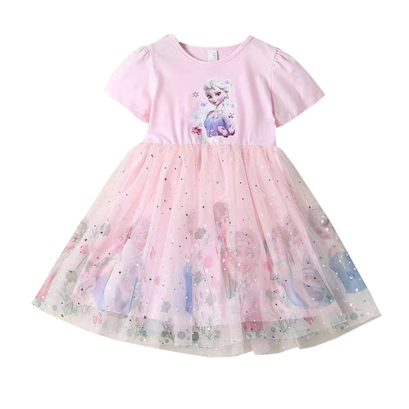 2025 New Disney Summer Kids Dress Clothes Pretty Girls Dresses Frozen Elsa Anna Princess Party Costume For Children Clothing