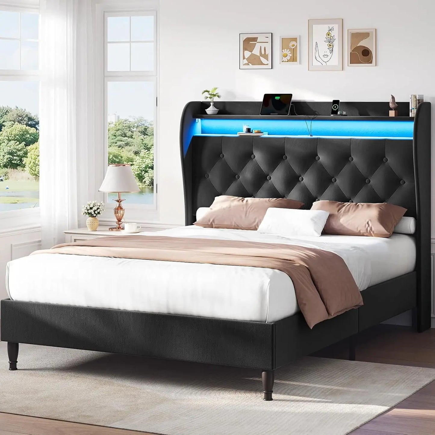King Size Bed Frame with Tall Headboard, 55.3" Corduroy Upholstered Platform Bedframe with LED Lights & Charging Station