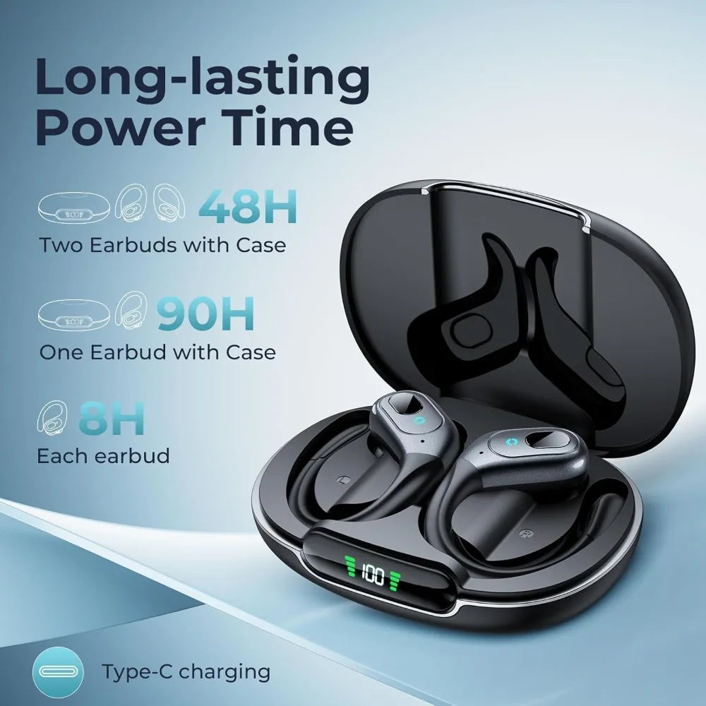 Active Noise Cancelling Wireless Earbuds with 90Hrs Playback, IPX7 Waterproof, Over-Ear Hooks for Sports Running Gym Black