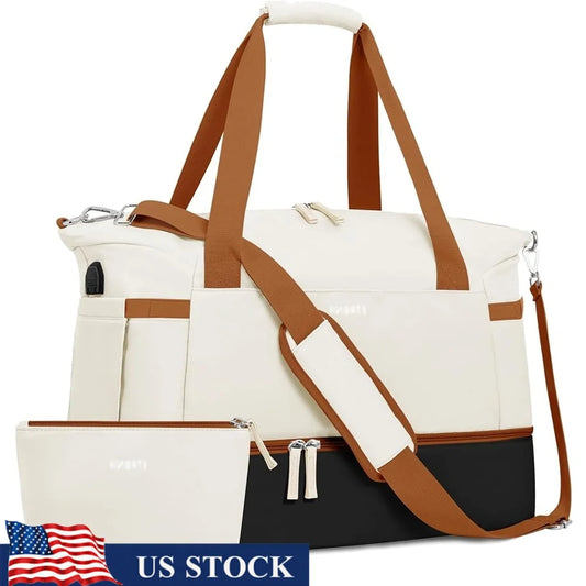 Women’s Gym Duffel Bag with Shoe Compartment USB Port Wet Pocket Travel Overnight Weekender Multi-functional Sports Bag