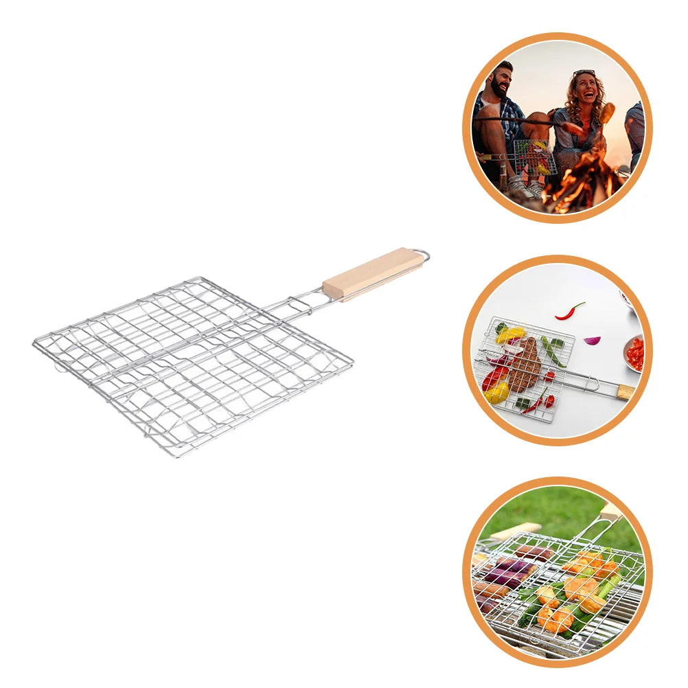 Portable Stainless Steel Grill Rack Outdoor Barbecue Fish Grilling Basket Wooden Handle Bbq Tool Camping Picnic Kitchen