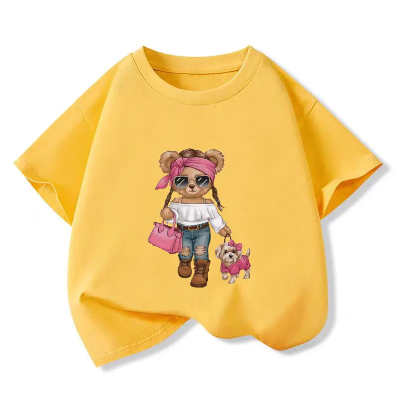 New Y2K Tops Trendy Bear Cartoon Graphic Print Baby Girls T-shirt Cotton Kids Tops Tee Summer Fashion T Shirt 6 8 10 12 Years