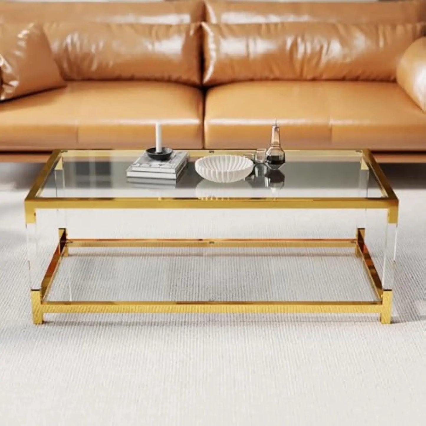 Glass Coffee Table, 47.2'' Modern Glass Table, Gold Stainless Steel & Acrylic Legs, Rectangular Center Table,Glass Top & 2-Tier