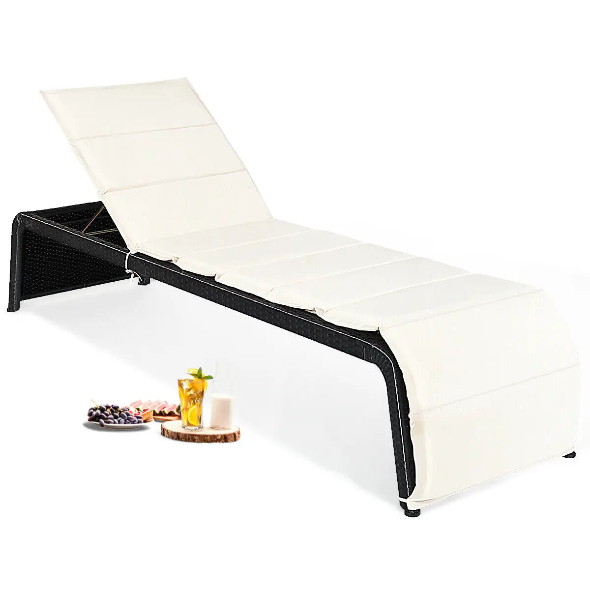 GOFLAME Outdoor Rattan Reclining Chair Patio Chaise Lounge Wicker Sofa Sun Bed W/Cushion