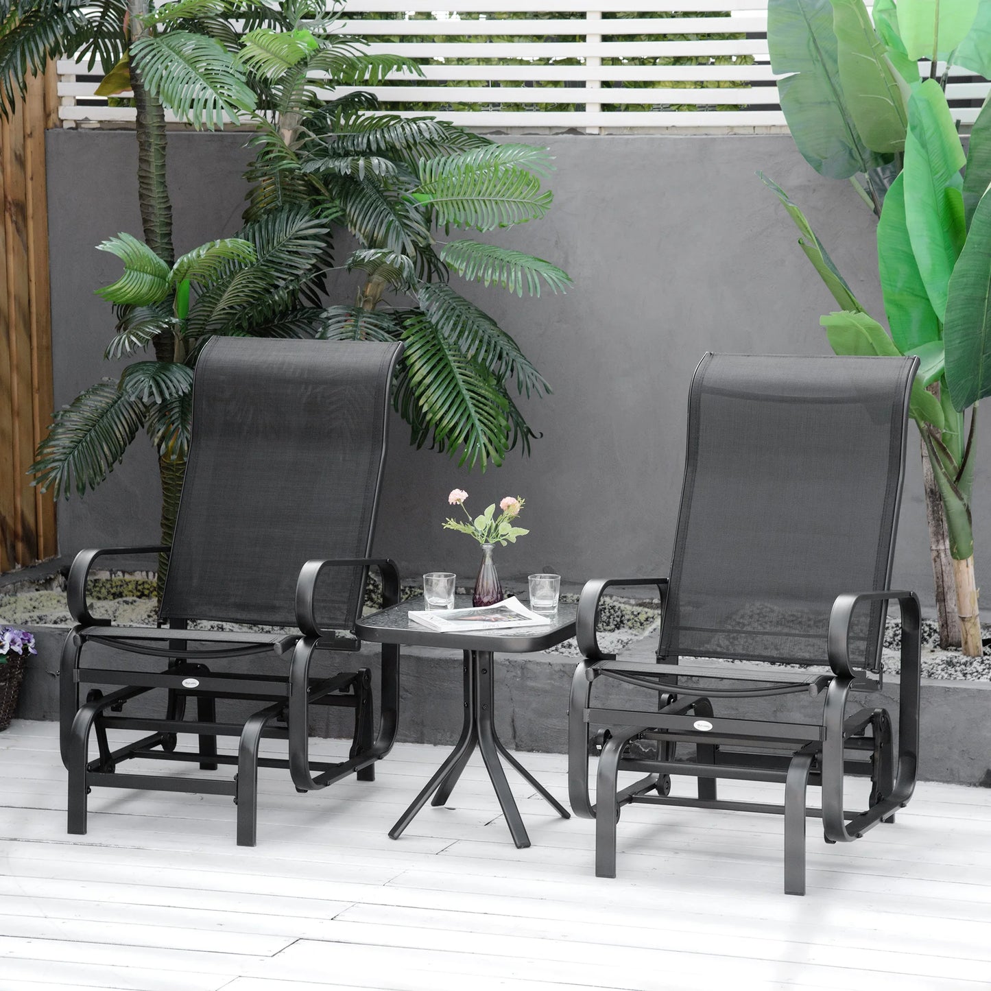 Outsunny 3 Pcs Rocking Chair Gliding Chair Set w/ Table for Patio Garden Black