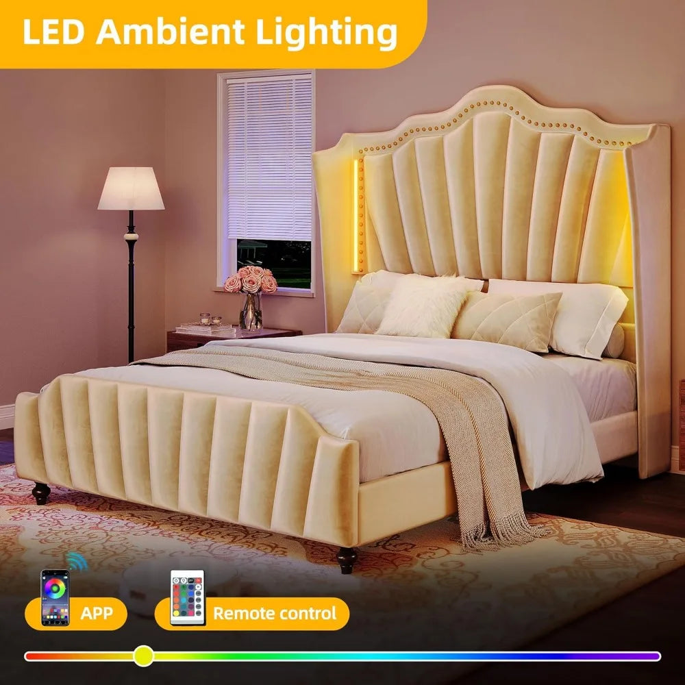 YITAHOME Queen Size Platform Bed Frame with 60" Tall Wingback Headboard and Footboard, Velvet Upholstered Bed with LED Light, So