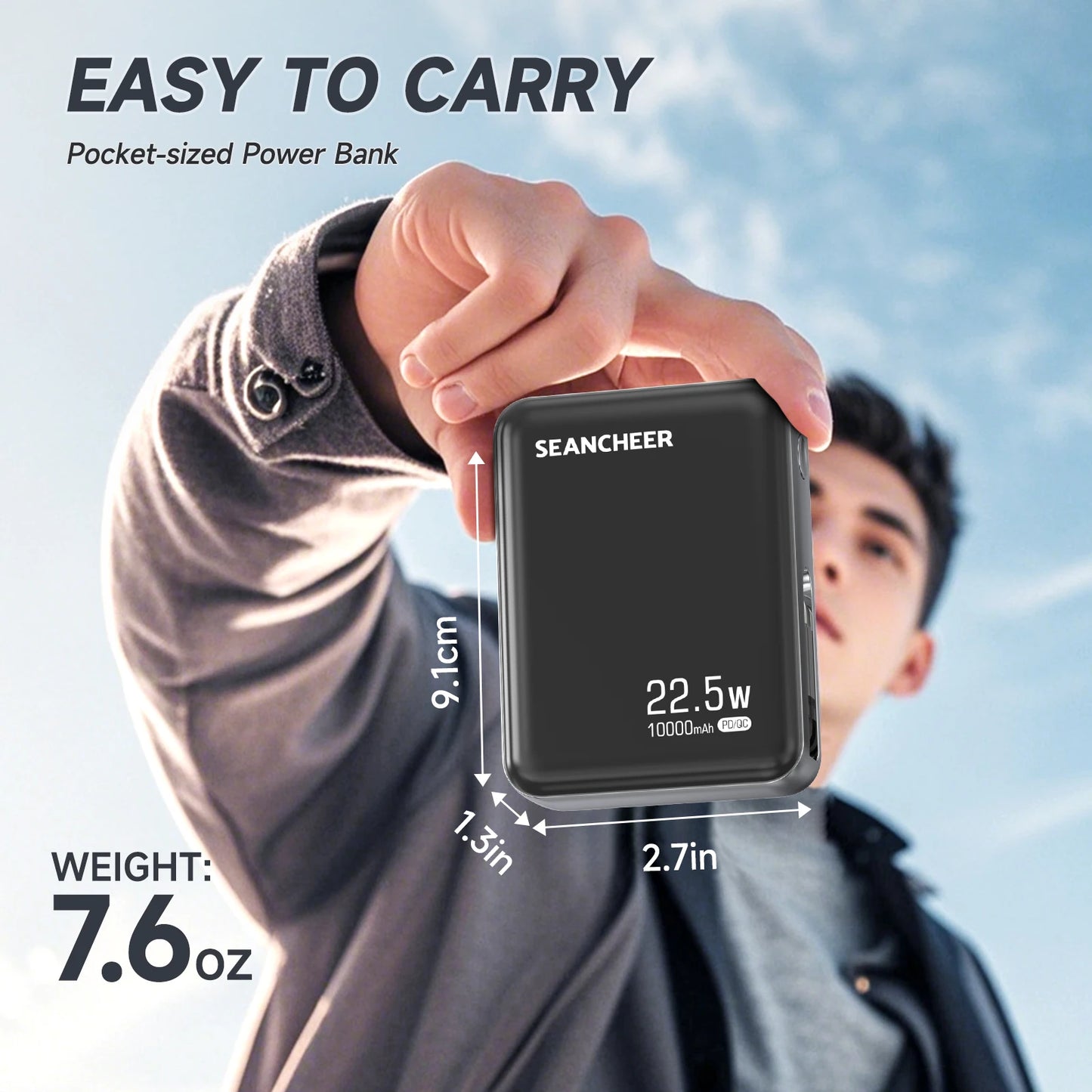 Mini Portable Charger,10000mAh Power Bank with 22.5w Fast Charging Retractable USB-C Cable,USB C in/Output  for iPhone 16/15