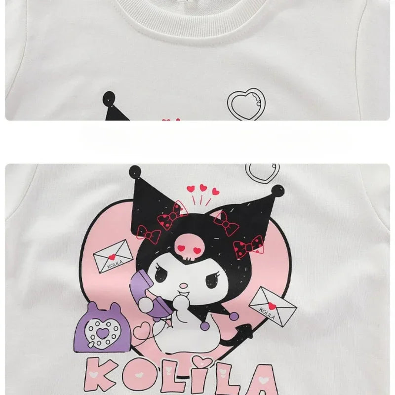 Anime Sanrio Children Clothes Kids Set Kuromi Long Sleeved Sweater Tops Checkered Pleated Skirt Girls Festival Clothing Gift