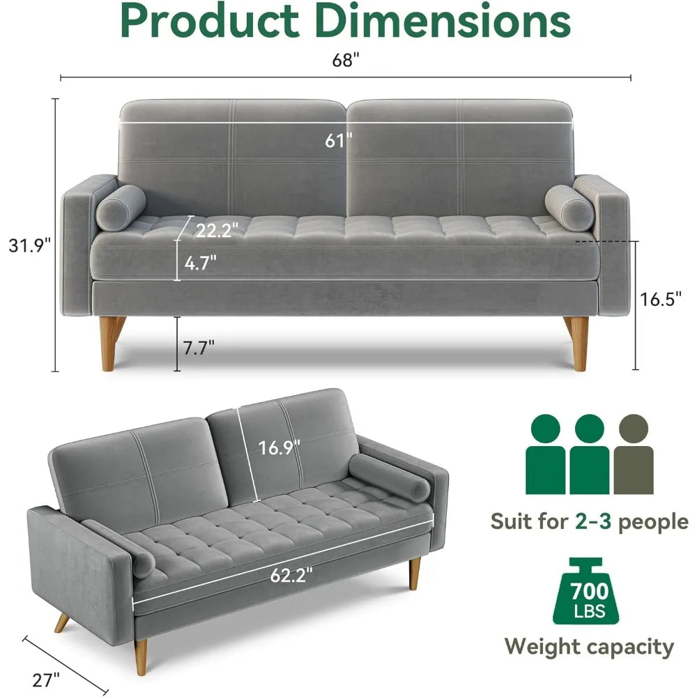 3 Seater Sofa Couch, 68 Inch Velvet Loveseat Sofa with Tufted Seat Cushion and Bolster, Mid Century Modern Couch with Solid Wood