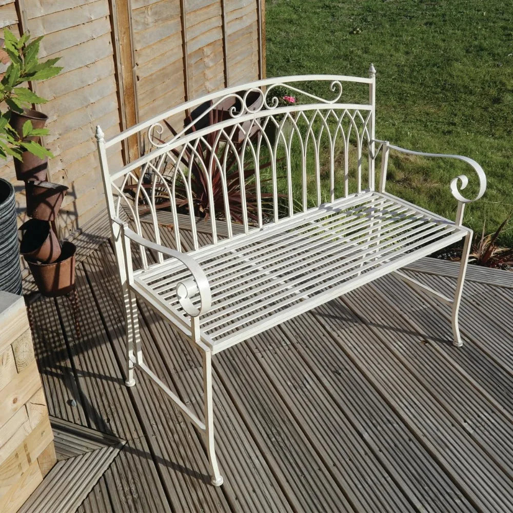 2 Seater Wrought Iron Bench Metal Outdoor Garden Patio Seat In Antique White