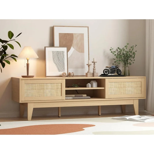 TV Stand for 55 65 Inch TV, Rattan Entertainment Center with Shelves, Cabinets and Sliding Doors, TV Media Console Table