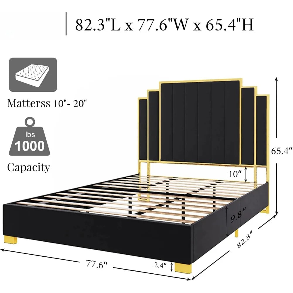 Queen Size Platform Bed Frame, 61.4" Velvet Upholstered Bed with Gold Trim Headboard/Wooden Slats/No Box Spring Needed