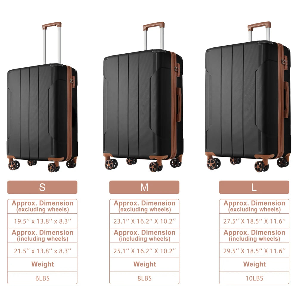 Luggage Sets 3 Piece Hard Shell ABS Lightweight Durable Suitcases with Double Spinner Wheels 20/24/28 Inch (Black Brown)