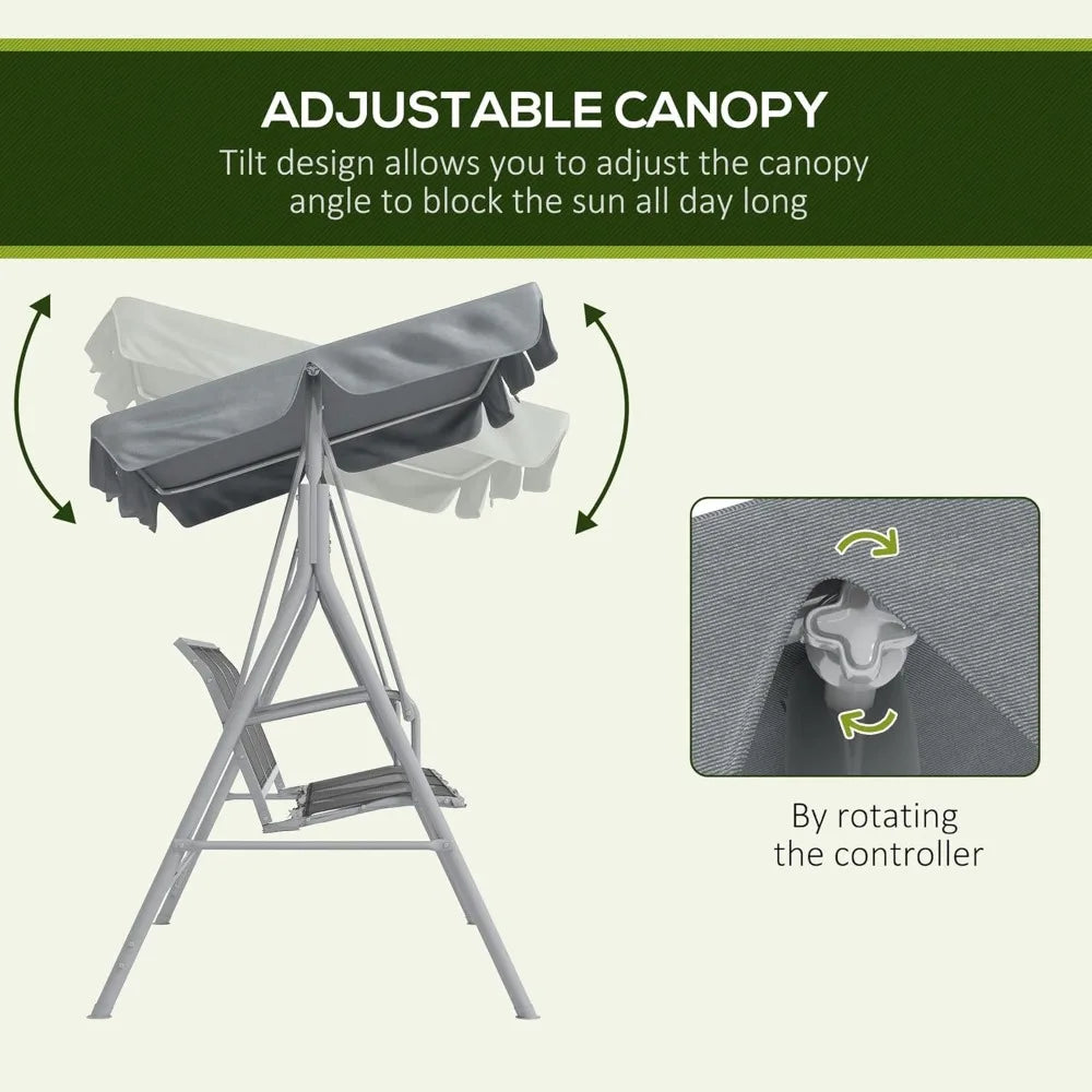 Garden Swing Chair, with Adjustable Tilting Canopy, Breathable Mesh Seat and Heavy Duty Metal Frame, Patio Swing Bench