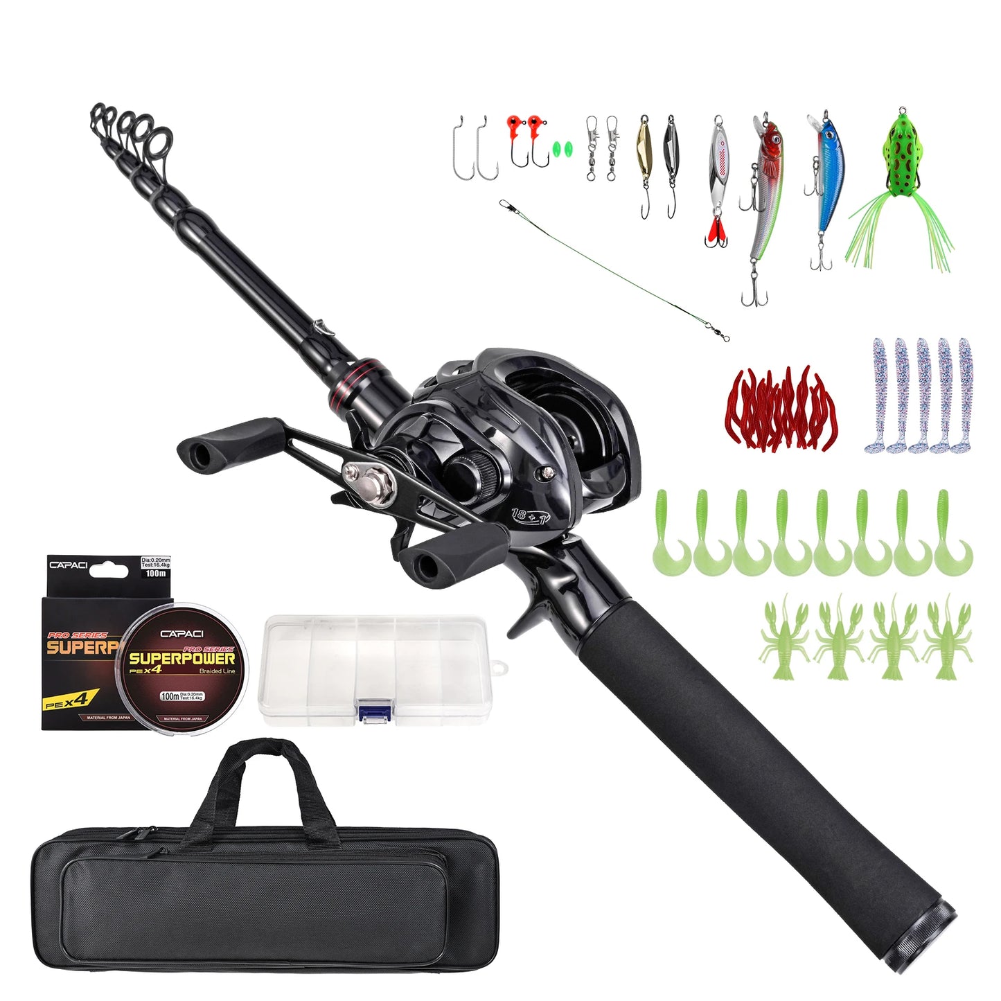 Fishing Rod Reel Combo Set Portable Telescopic 180cm/210cm w Spinning Reel Bait and Hook Accessories Sea Fishing Tackle Bag Case
