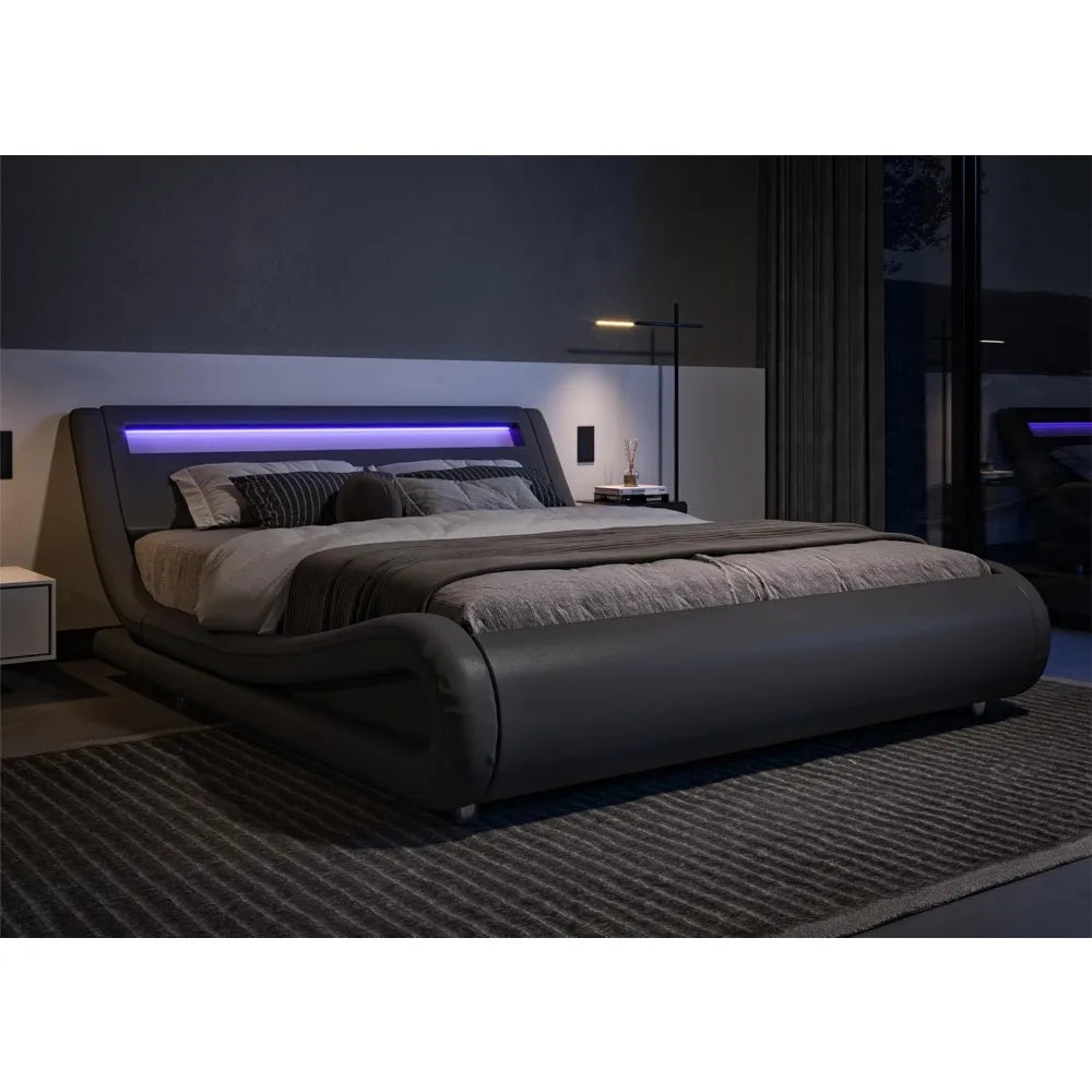 Allewie Full Size LED Platform Bed Frame with Adjustable Headboard/No Box Spring Need/Easy Assembly/Faux Leather in Grey