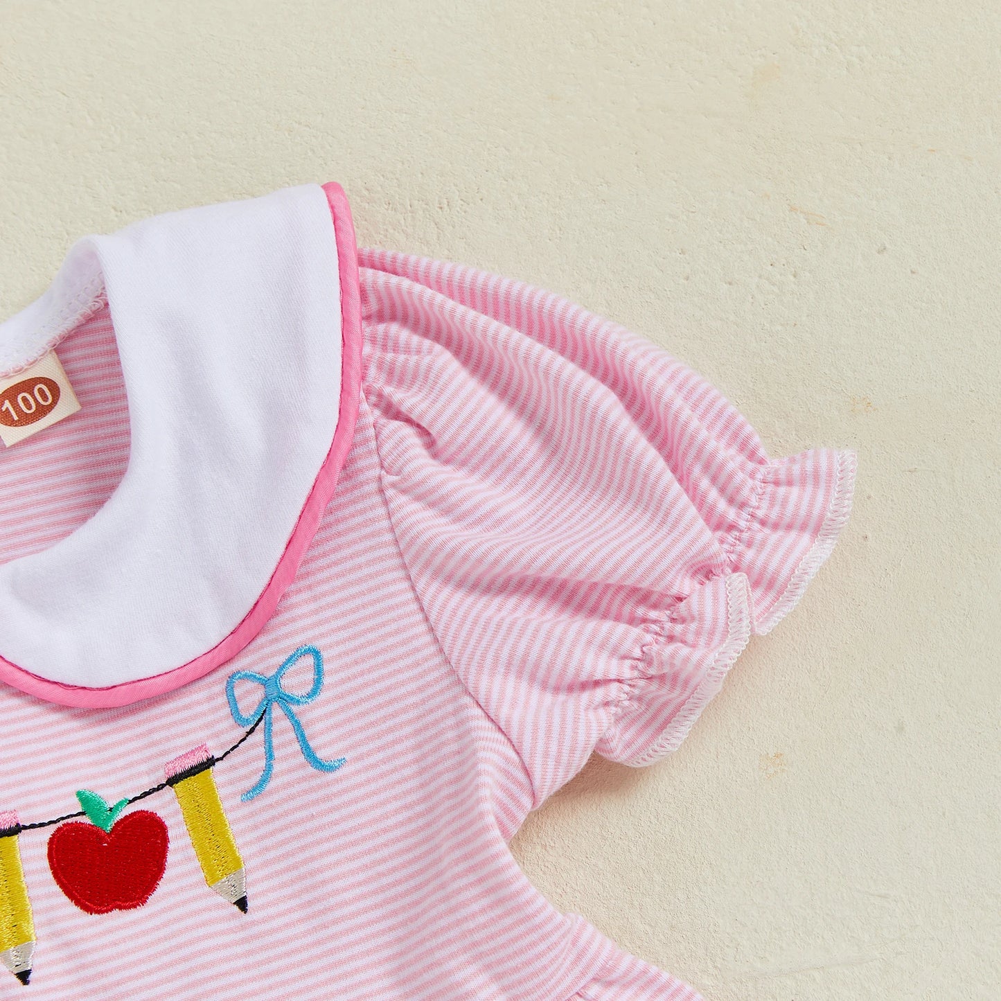 Girl Back to School Dress Striped Apple Pencil Embroidered Doll Collar Short Sleeve A-line Dress Cute Toddler Summer Clothes