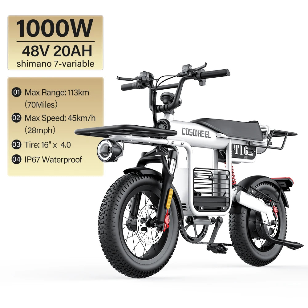 Coswheel Electric Bike T16 Adult 1000W 48V 20AH Removable battery Mountain Ebikes Fat Tire City Commuting Used ebike