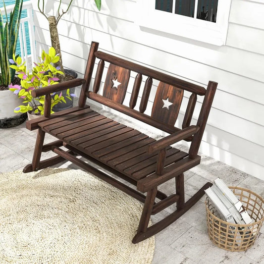 2-Seater Garden Bench,  Carbonized Wood Patio Rocker Chair with Ergonomic Backrest,  Outdoor Furniture Rocking Loveseat