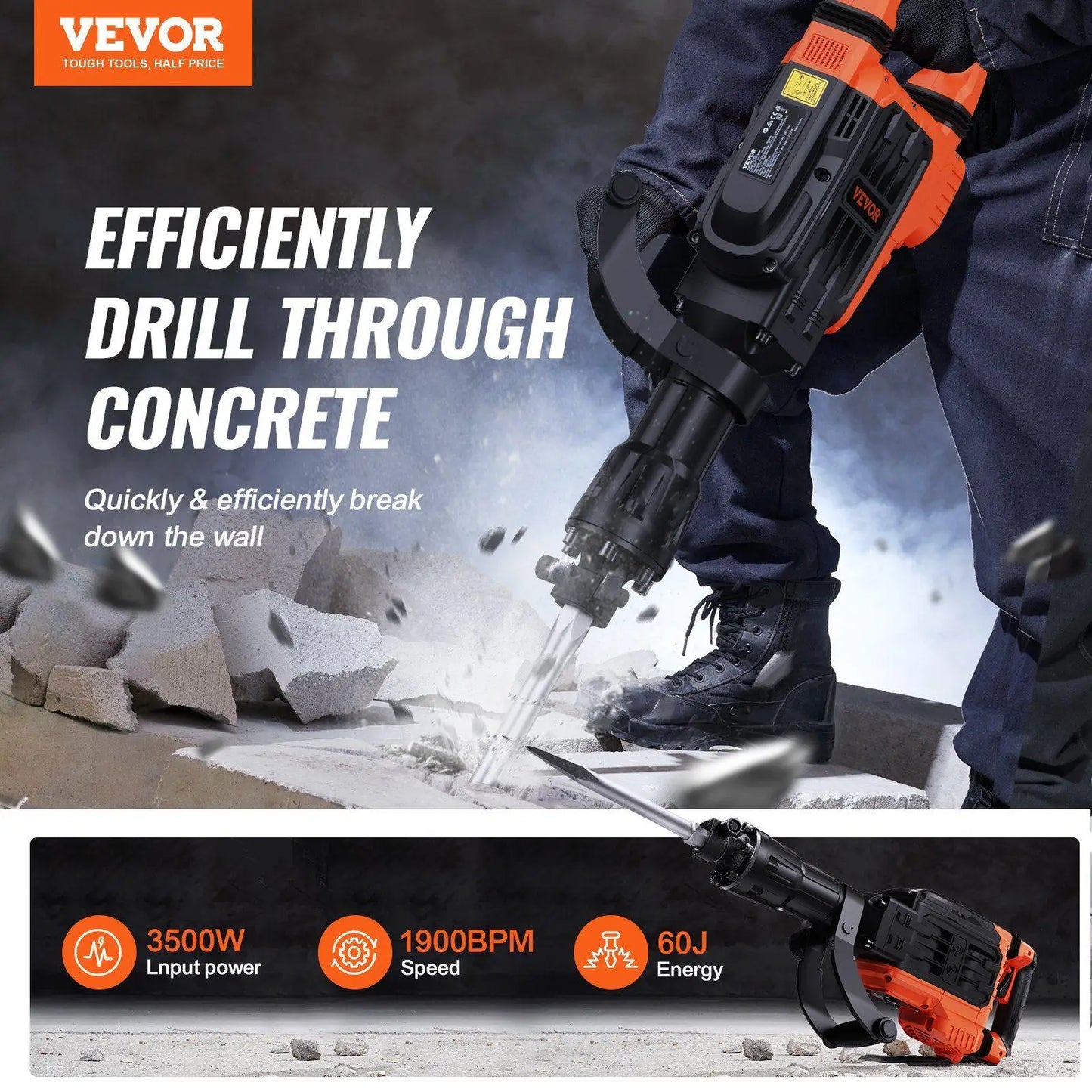 3500W 60J Electric Breaker Jack Hammer with Quick-Chuck System 360° Swivel Handle 1900 BPM Black