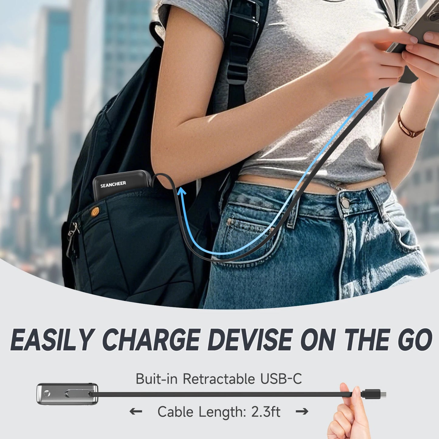 Mini Portable Charger,10000mAh Power Bank with 22.5w Fast Charging Retractable USB-C Cable,USB C in/Output  for iPhone 16/15