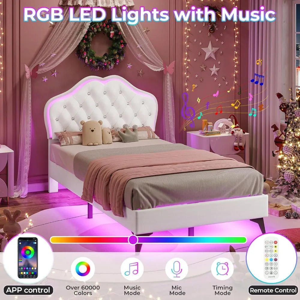 Twin Size Upholstered Bed Frame with LED Lights Adjustable Headboard with Crystal Button