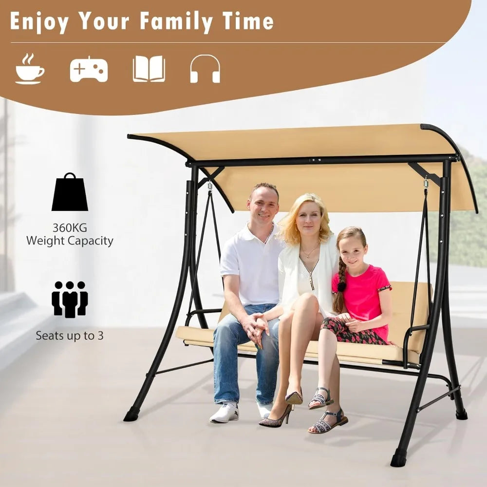 Garden Swing Chair, Outdoor Hammock with Adjustable Canopy and Soft Cushions, Steel Frame Porch Seat Lounger, Patio Swing Bench