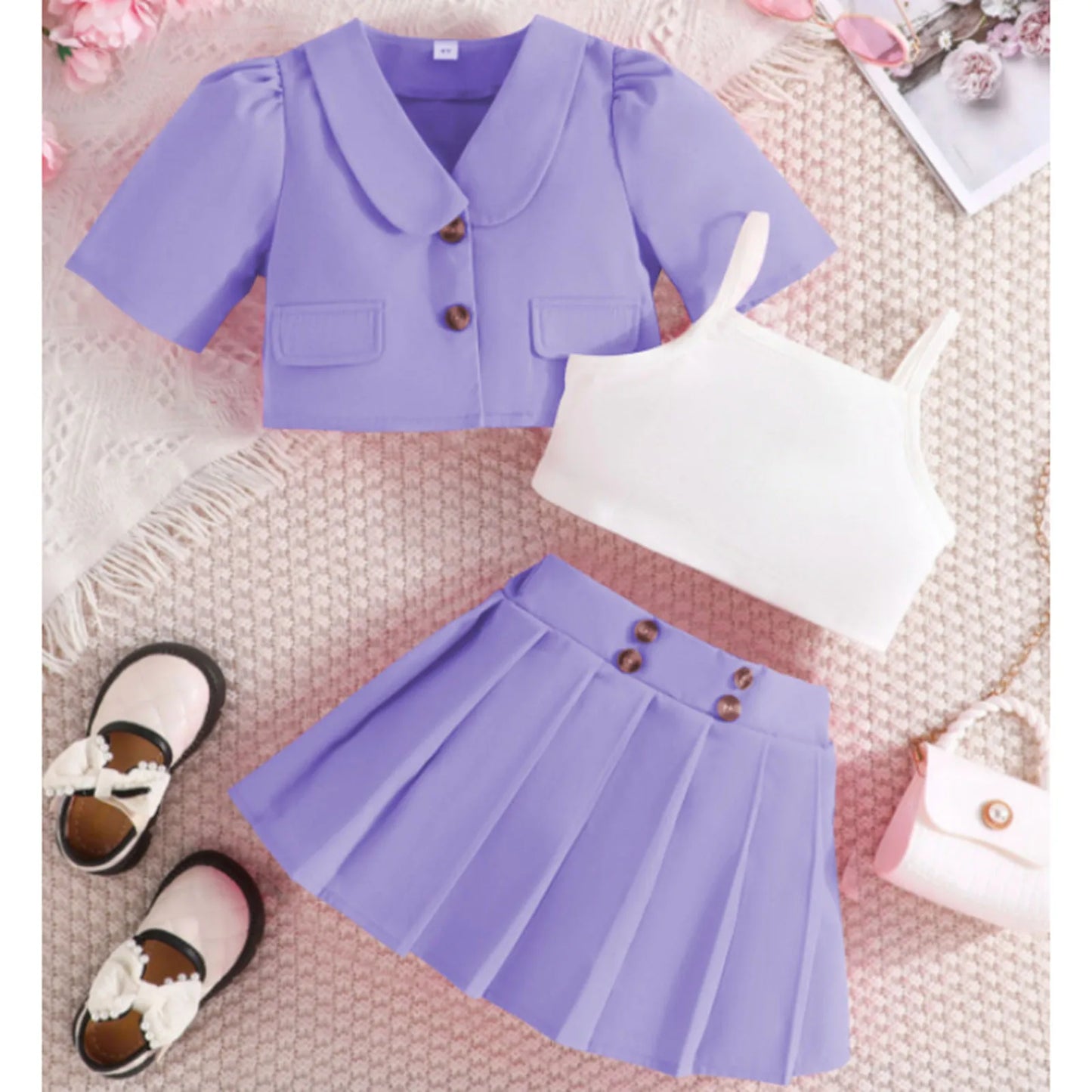 Toddler Kids Clothes Girls Sets For 2-8Y Children Summer Short Coat+Vest+High Waist Pleated Skirts Party Outfit Sets For Girls