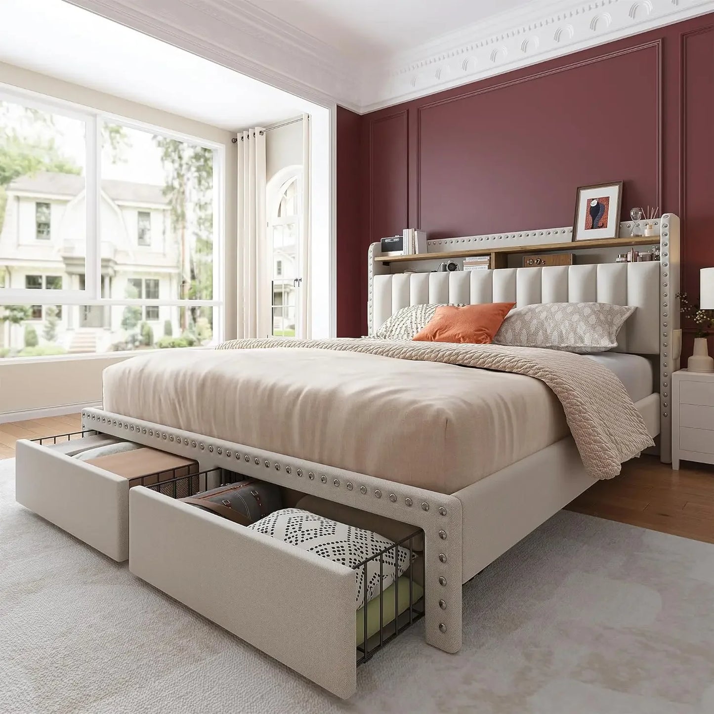 Bed Frame with Storage and Headboard, Upholstered Bed Frame with Storage, Grey Bed Frame with 2 Drawers
