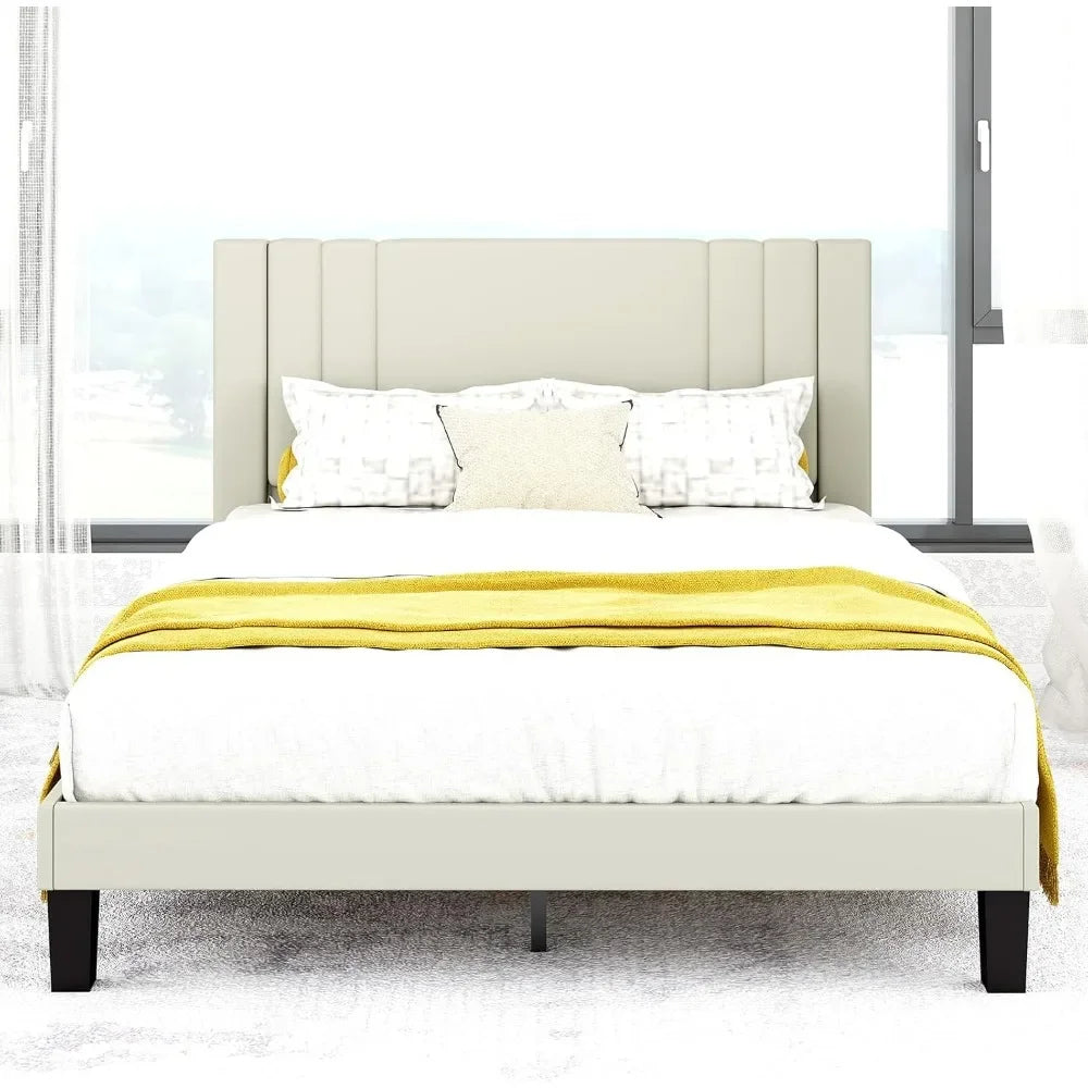 Queen Size Bed Frame, Velvet Upholstered Platform with Headboard, Beige(Beige, Queen (U.S. Standard))