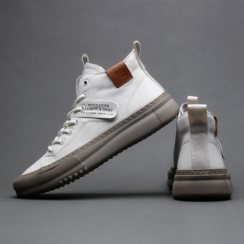 Autumn and Winter New Men's Mid-Top Sports Casual Shoes, Men's Boots, Winter Warm Leather Shoes, Versatile White Shoes, Thick-Soled Fashion Short Boots, Men's Fashion Sneakers