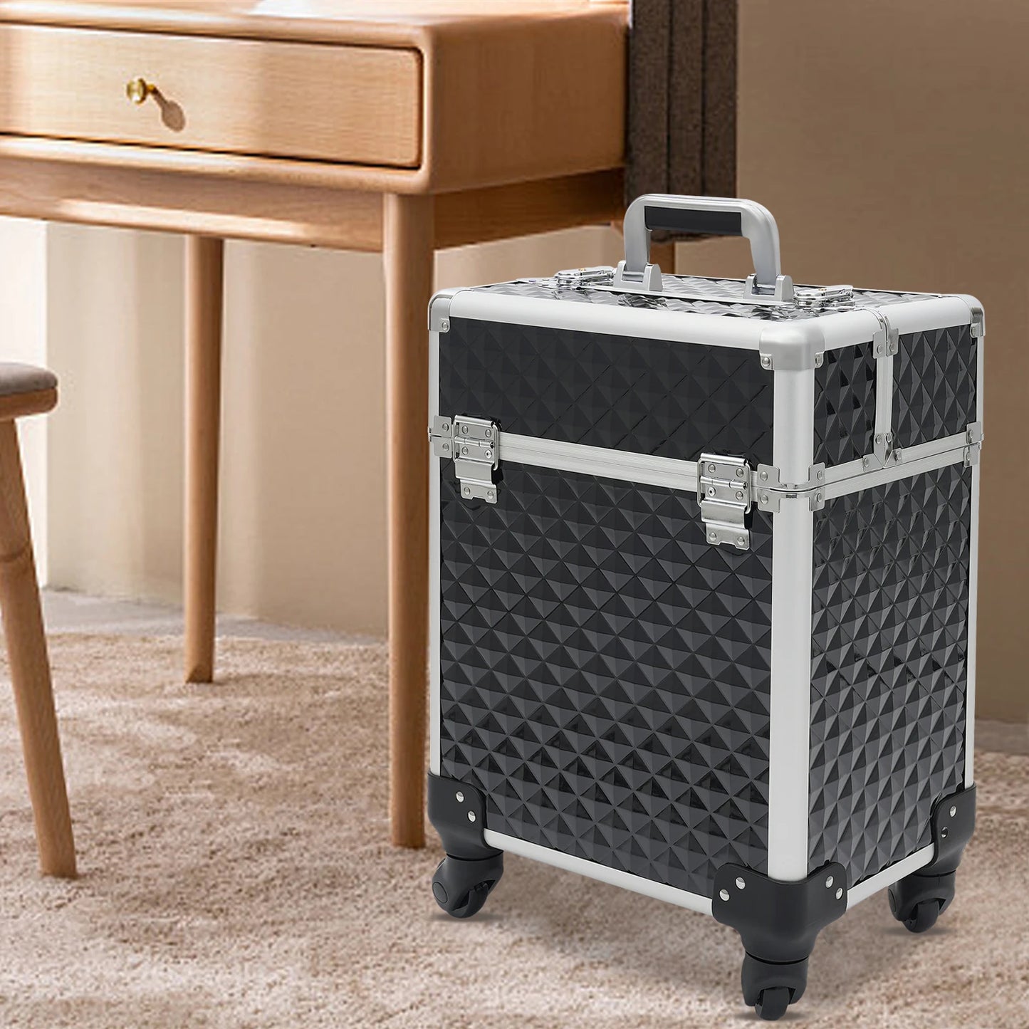 Professional Rolling Makeup Case - Black, Multi-Functional with High Load Capacity