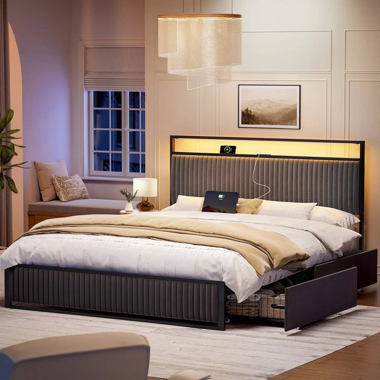 Bed Frame with Headboard, Platform Bed with 2 Drawers, Velvet Upholstered Bed Frame with LED Lights & Charging Station, Beds