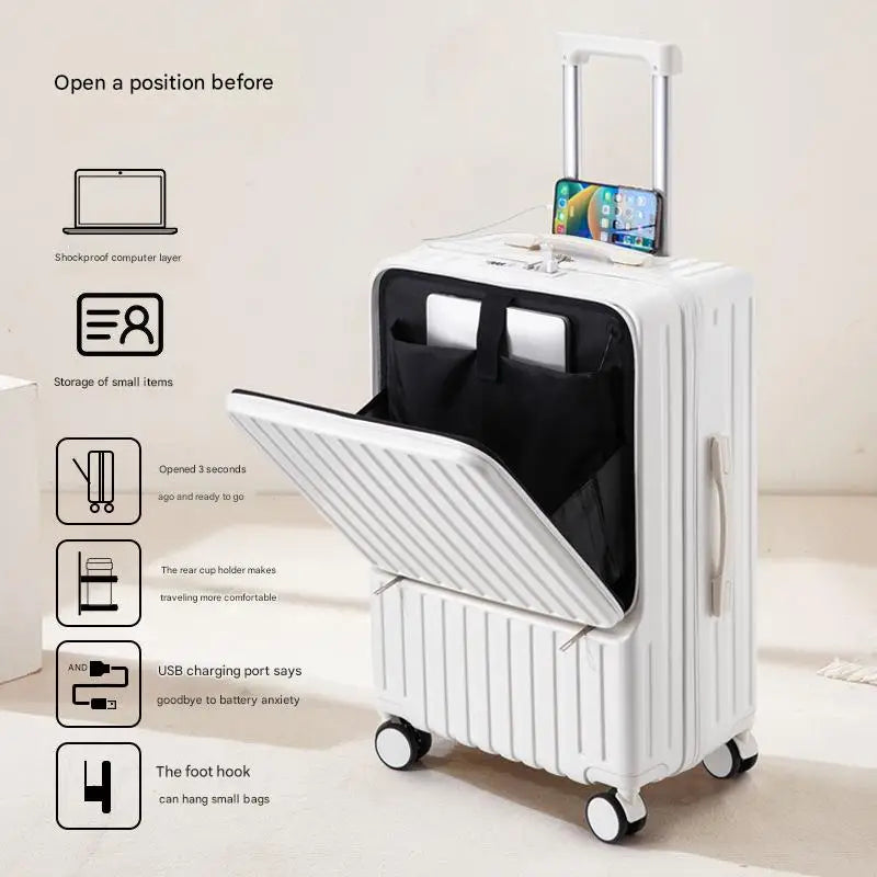 Luggage new large-capacity trolley case durable universal wheel Suitcase Portable Travel Case With Cup Holder USB Charging Port