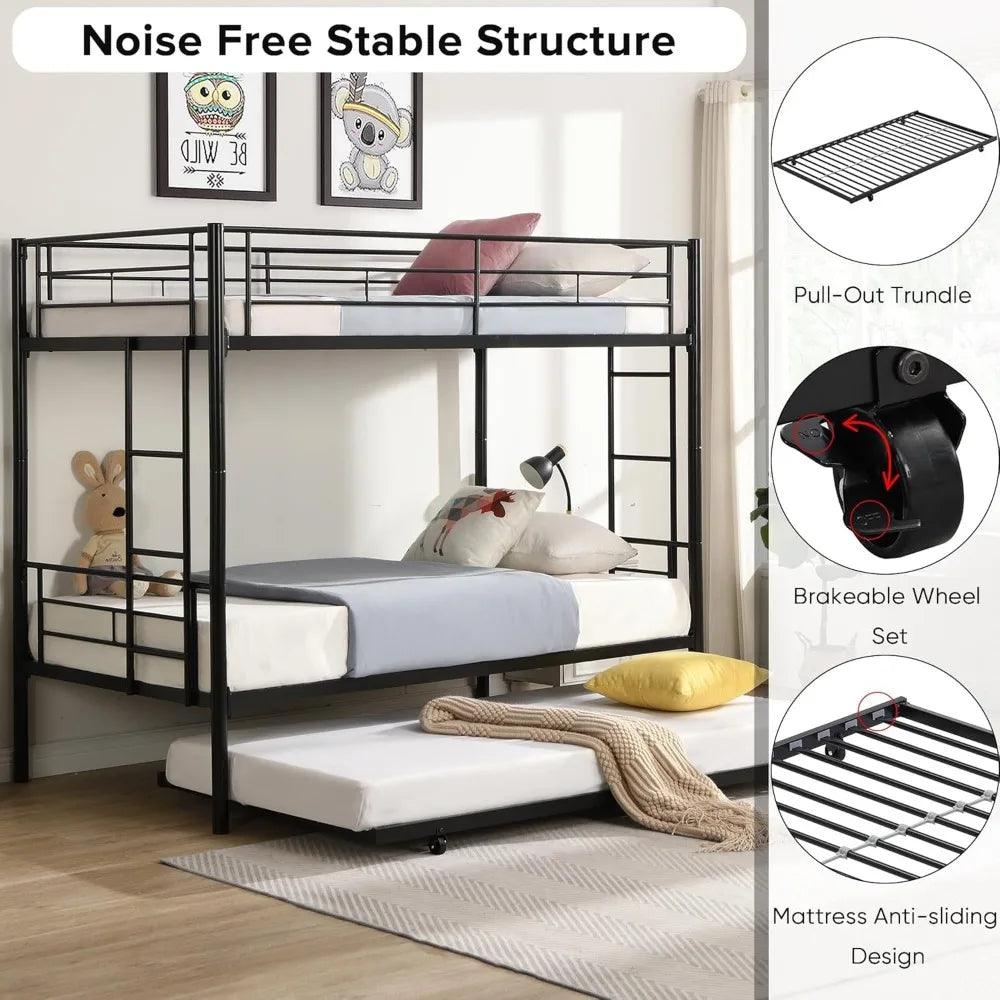 Twin Over Twin Bunk Bed Frame with Trundle,Metal Bunk Bed Bedframe with Guard Rail and 2 Ladders for Adults,Can be Divided into