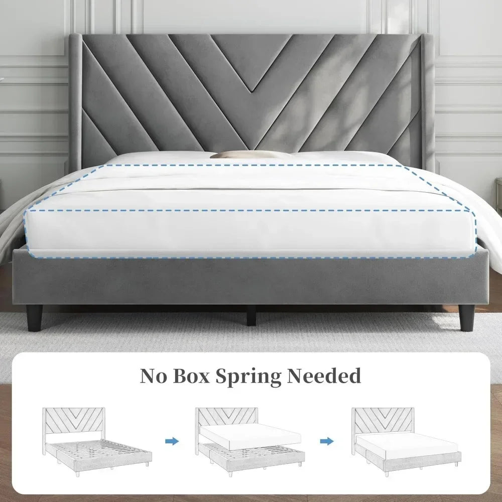 Bed Frame Upholstered Platform Bed with Wing Side/Wooden Slat Support/Tufted Headboard with Wing Side/Mattress Foundation