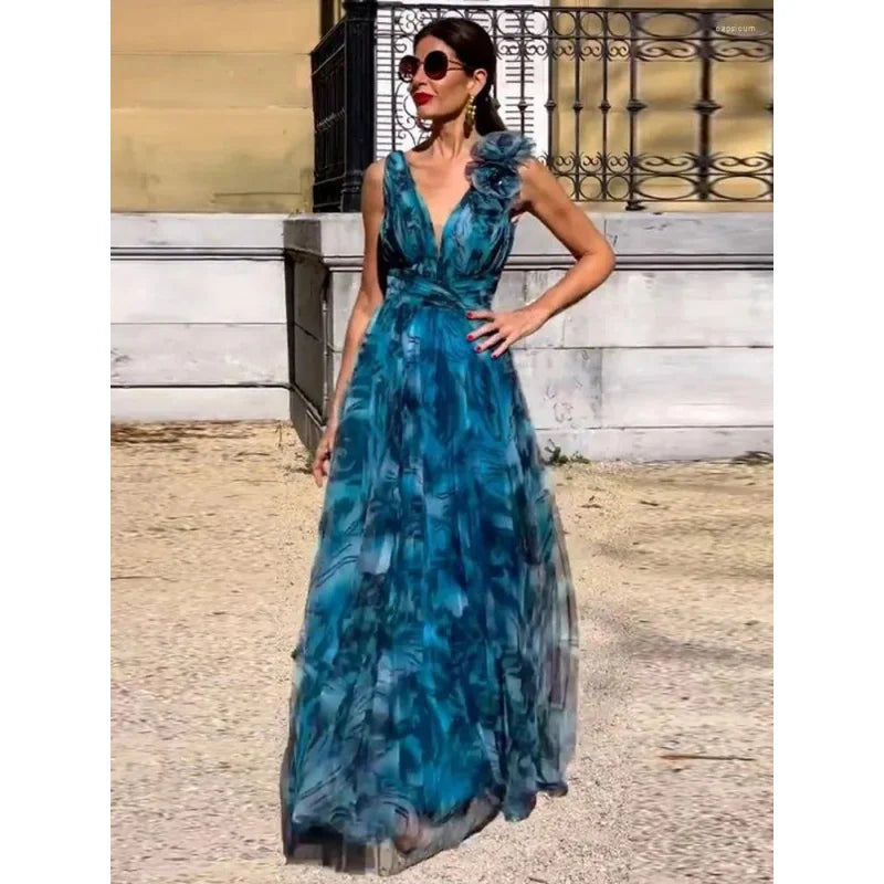 Boho Floral Maxi Dress Women - Gradient Blue V-Neck Sleeveless Puff Sleeve Beach Party Dress with Ruffled Lace Hem