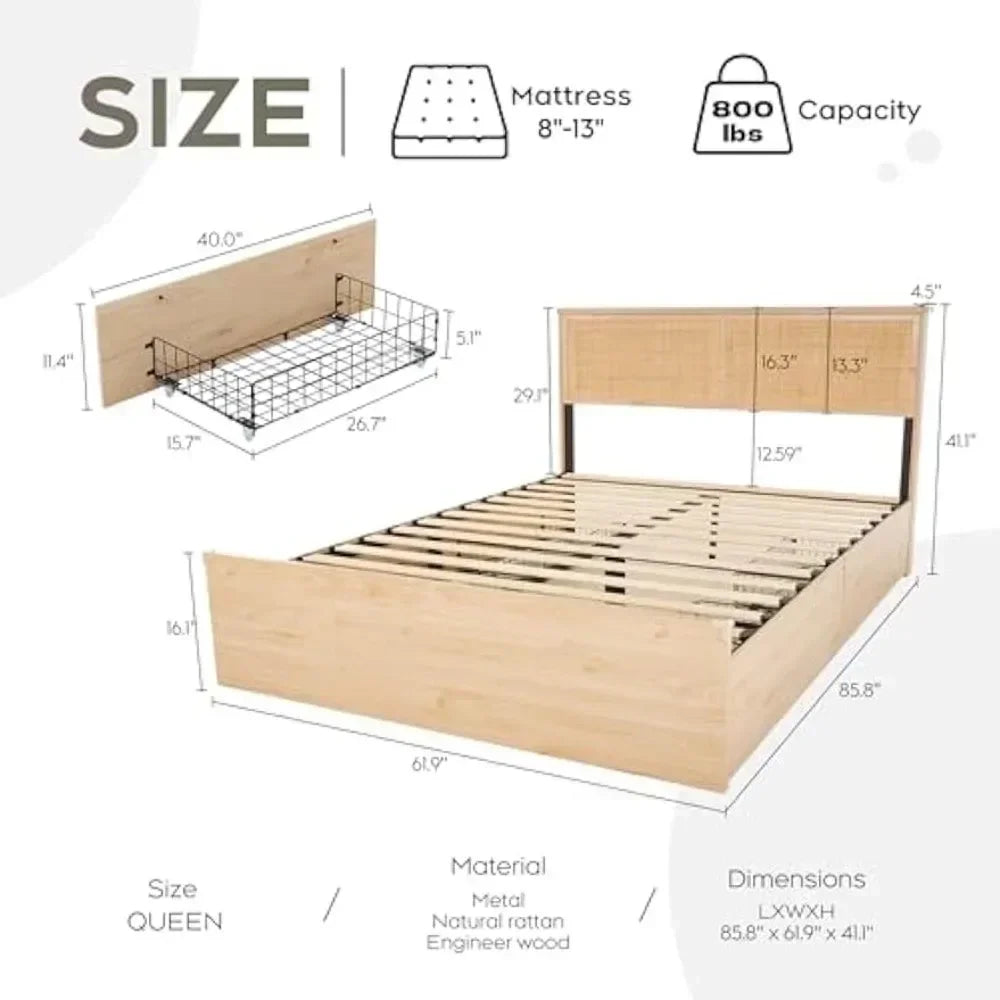 with Natural Rattan Headboard and Wooden 4 Storage Drawers,Metal Platform with Strong Wooden Slats Support,No Box Spring Needed