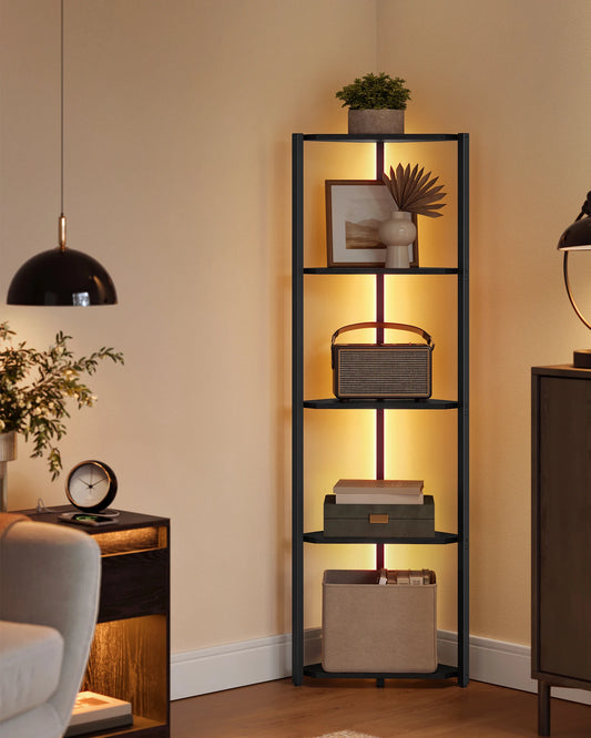 VASAGLE 5-Tier Corner Shelf, Bookcase with Adjustable LED Lights, Storage Shelf with Steel Frame