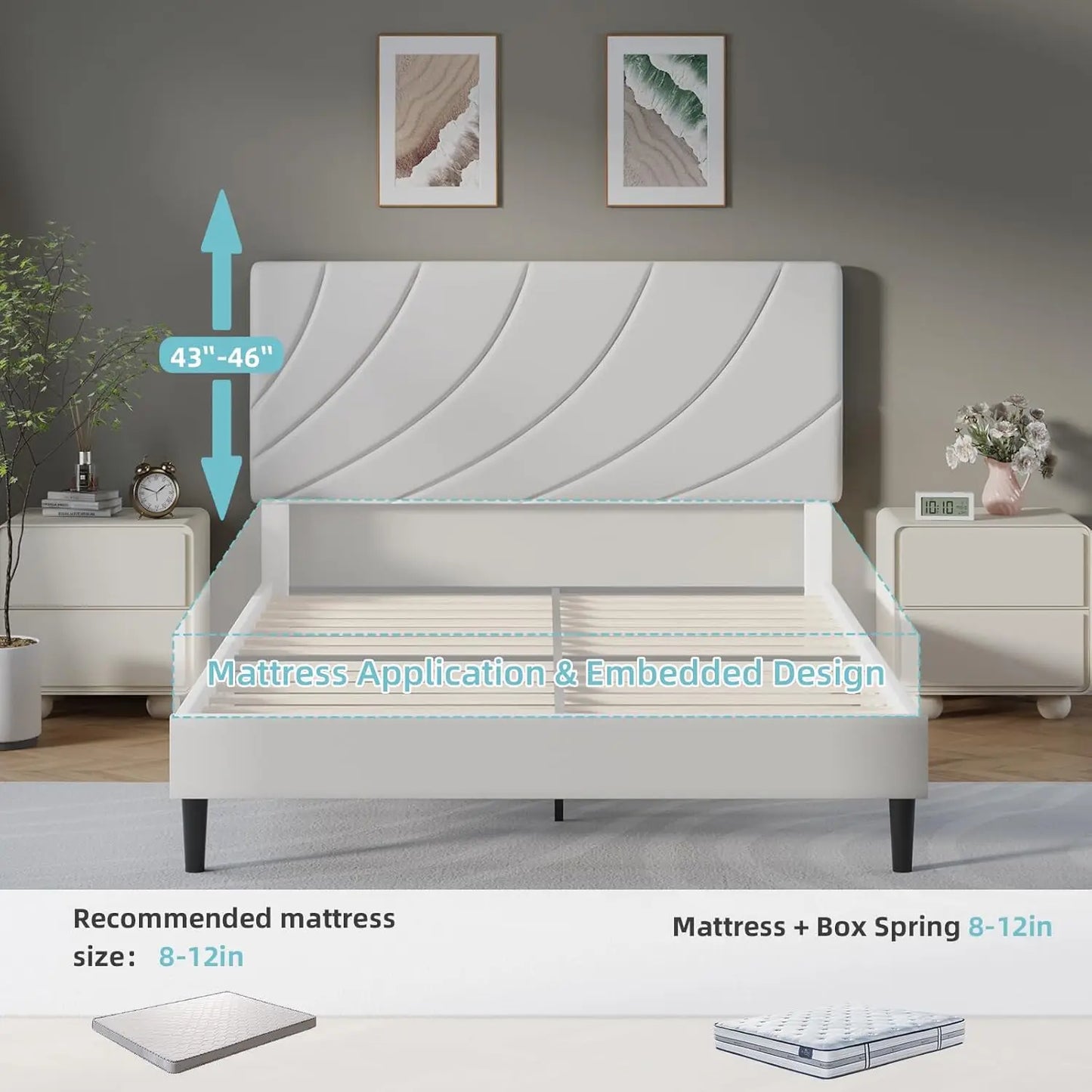 Queen Bed Frame, White Queen Upholstered Bed Frame with Shell Shaped Headboard, Wood Slats Support, PU Leather,