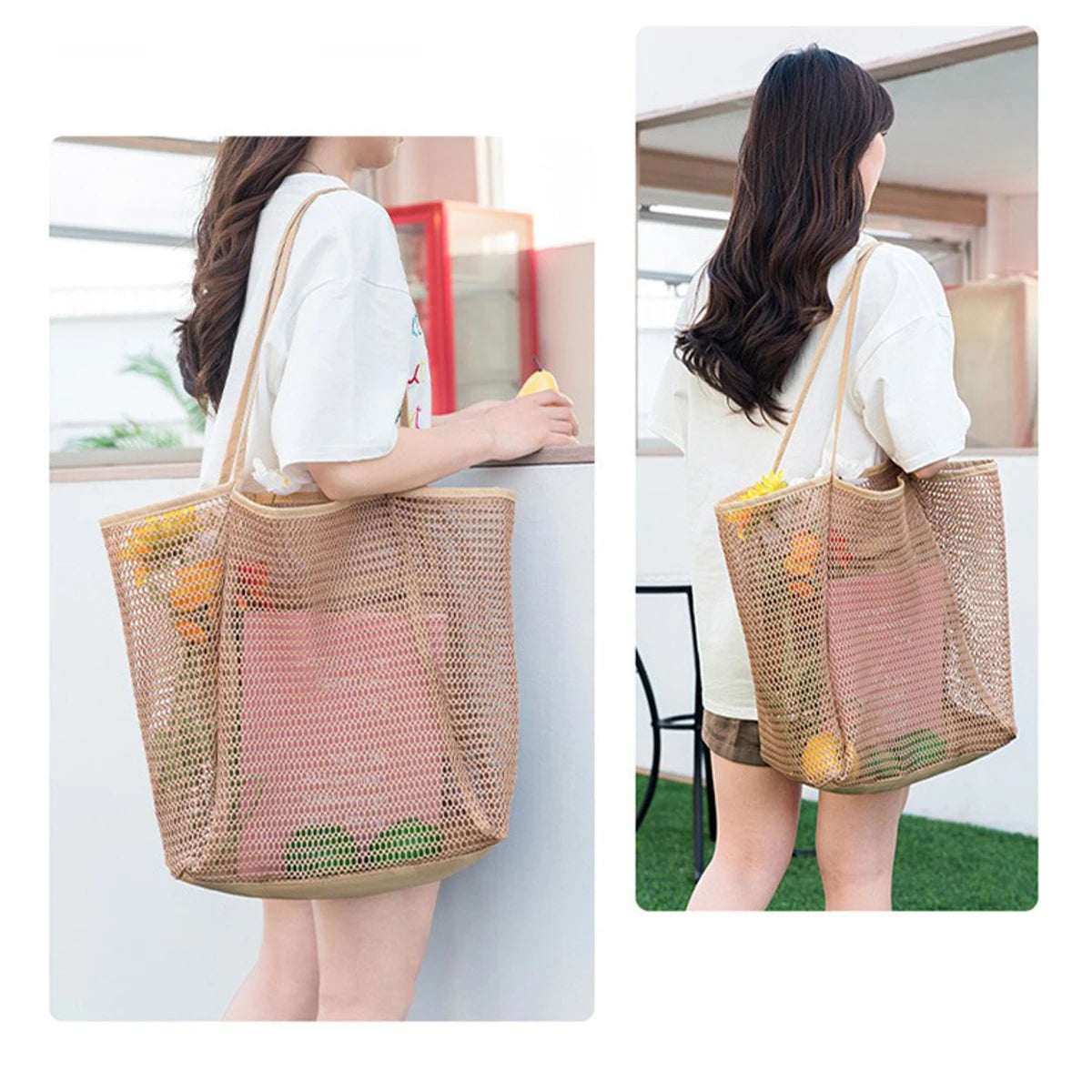 Mesh Beach Tote Womens Shoulder Handbag，Women's Portable Washing and Swimming Clothing Storage Bag