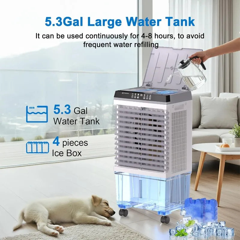1800CFM Swamp Cooler,Portable Evaporative Air Cooler,Cooling Fan for Room Garage Patio,5.3 Gal Water Tank,3 Speeds,4 Ice Boxes