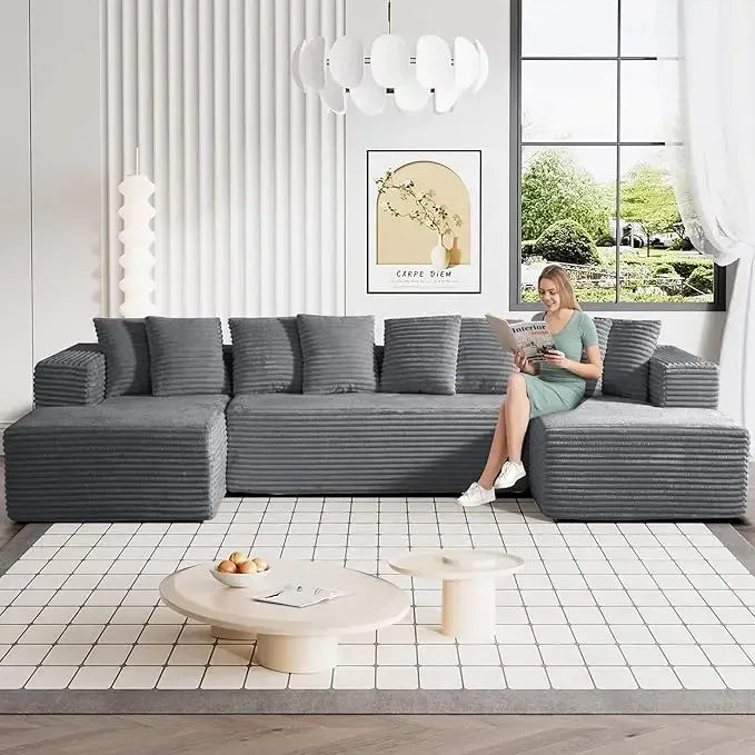 131" Modular Sectional Couch, Luxury Black Sectional Couches for Living Room, Comfy Corduroy Couch Sectional Sofa